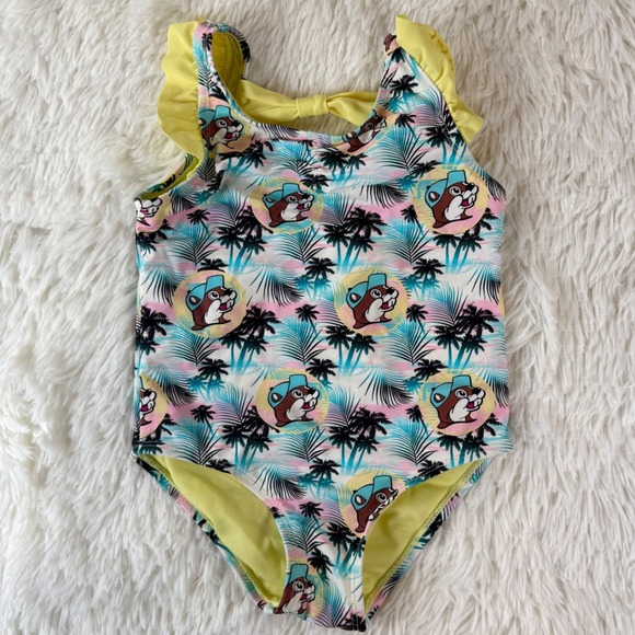 Buc-ee's Girls 3T One Piece Swimsuit Brown Palm Tree Ruffles Tropical Beachwear - Picture 1 of 7